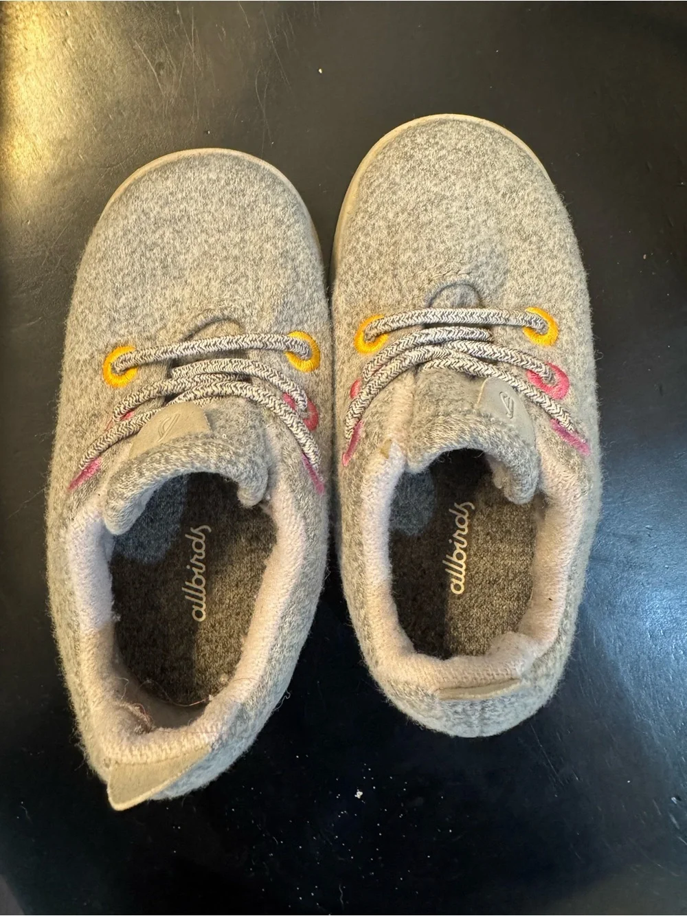 allbirds Kids Gray Wool Slip-On Sneakers with Pink & Yellow Eyelets